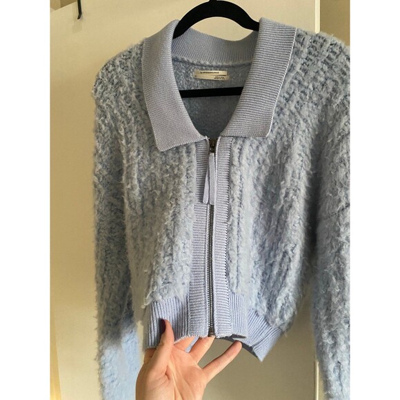 By Anthropologie Zip-Up Brushed Fuzzy Sweater Cardigan Sky Blue Size Small EUC - Picture 4 of 12